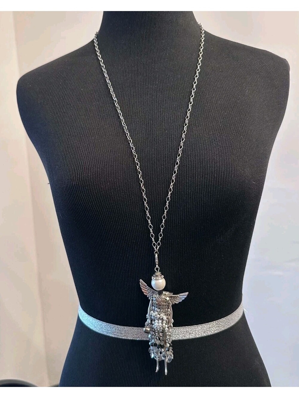 Jacqueline Kent Designer Angel Necklace Silver Tone Pearl Beaded Pendant EUC
